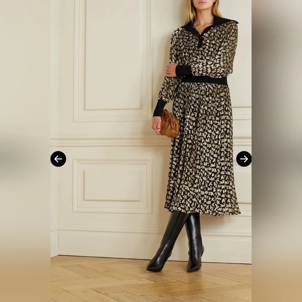 Tory Burch Tan and Black Pleated Long Sleeve Dress